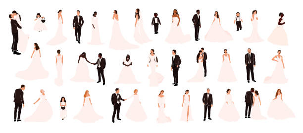 Collection of abstract wedding couple grooms and brides in various pose isolated Collection of abstract wedding couple grooms and brides in various pose isolated. Multiracial african american european fiancee bridegroom marriage people vector illustration in cartoon flat style african bride and groom stock illustrations