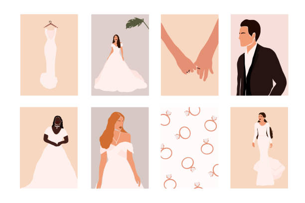 Abstract wedding couple groom and bride, woman portraits, bouquets holiday cards Abstract wedding couple groom and bride, woman portraits, bouquets holiday cards isolated. Fashion minimal trendy people in cartoon flat style. Trendy poster wall print decor vector illustration african bride and groom stock illustrations