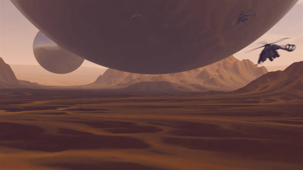 istock Large Alien Silver Spheres Floating above Arid Mountain Desert with Sediment Mudflat and Sci-Fi Helicopters 1257375406