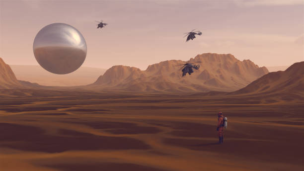 istock Large Alien Silver Spheres Floating above Arid Mountain Desert with Sediment Mudflat and Sci-Fi Helicopters with Person in a Hazmat Suit Observing it 1257375457