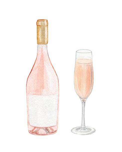 흰색 배경에 격리 된 수채화 장미 와인 병과 유리 세트 - wineglass illustration and painting isolated on white clipping path stock illustrations