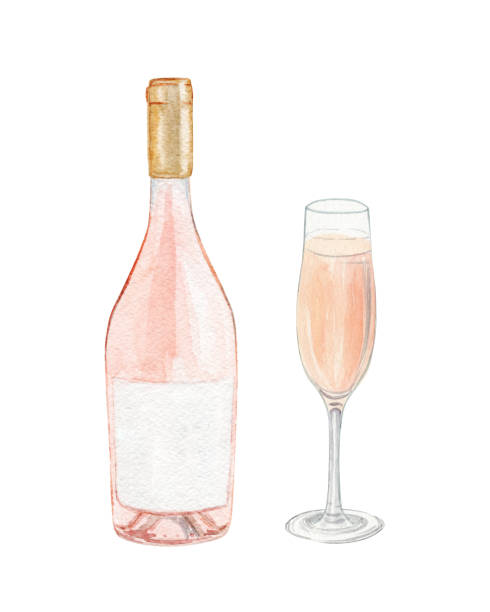 ilustrações de stock, clip art, desenhos animados e ícones de watercolor rose wine bottle and glass set isolated on white background - ilustrações de champanhe