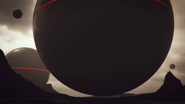 istock 4 Alien Floating Spheres Black Over Geometric Abstract Cube Landscape with Low Rocky Peaks 1257377007