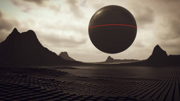 istock Alien Sphere Black Geometric Abstract Cube Low Landscape with Rocky Peaks 1257377096