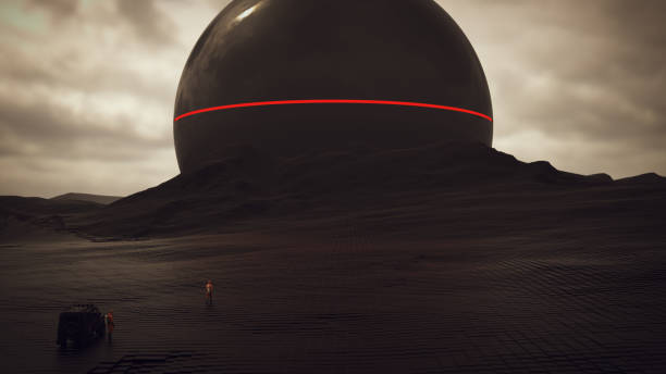 istock Giant Alien Sphere Black Geometric Abstract Cube Windswept Landscape with Depth Of Field and 2 Men in Hazmat Suites 1257377106
