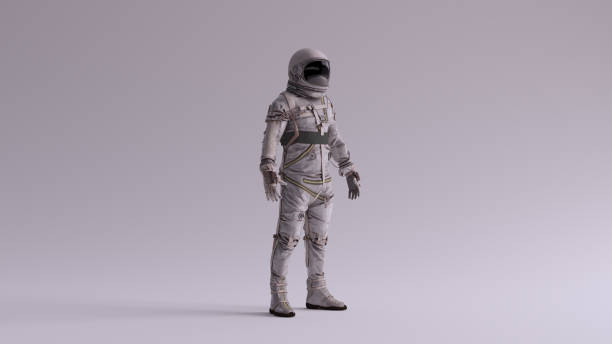 istock Retro Astronaut with Black Visor and Silver White Spacesuit With Light Grey Background with Neutral Diffused Side Lighting 1257378058