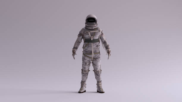 istock Retro Astronaut with Black Visor and Silver White Spacesuit With Light Grey Background with Neutral Diffused Side Lighting 1257378178