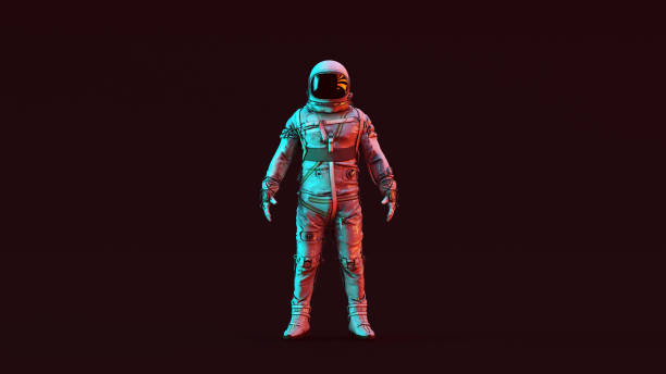 istock Retro Astronaut White Spacesuit with Red and Blue Moody 80s lighting 1257378295