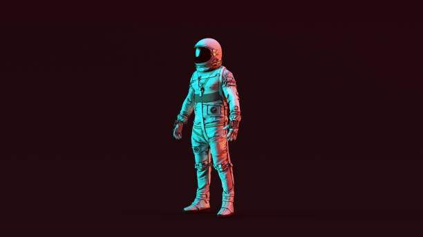 istock Retro Astronaut White Spacesuit with Red and Blue Moody 80s lighting 1257378420
