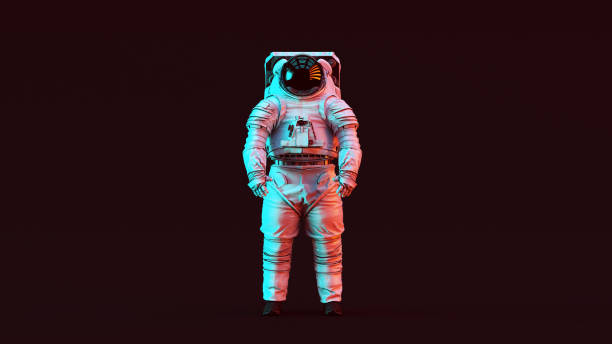 istock Astronaut Spacewalk Exploration Mobility Unit Next Generation White Spacesuit with Red and Blue Moody 80s lighting 1257378457