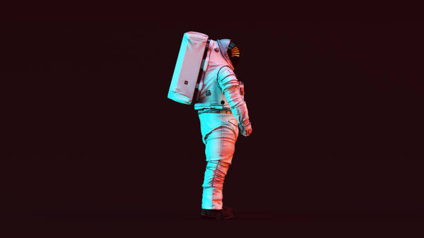 istock Astronaut Spacewalk Exploration Mobility Unit Next Generation White Spacesuit with Red and Blue Moody 80s lighting 1257378458