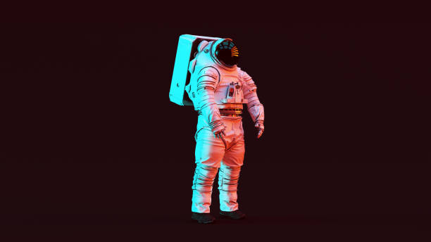 istock Astronaut Spacewalk Exploration Mobility Unit Next Generation White Spacesuit with Red and Blue Moody 80s lighting 1257378481