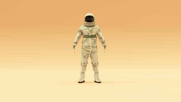istock Retro Astronaut with Black Visor and Silver White Spacesuit With Light Grey Background With Warm Cream Background with Warm Diffused Lighting 1257378577