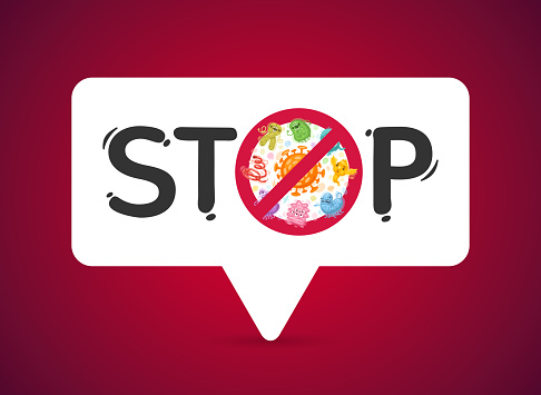 Stop sign with viruses and bacteria illustration for healthcare design. Clipping paths included.
