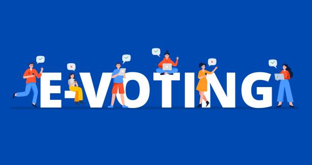 istock E-voting concept with people. Young men and women using mobile gadgets such as smartphones, tablets, laptops for online voting. 1257379397