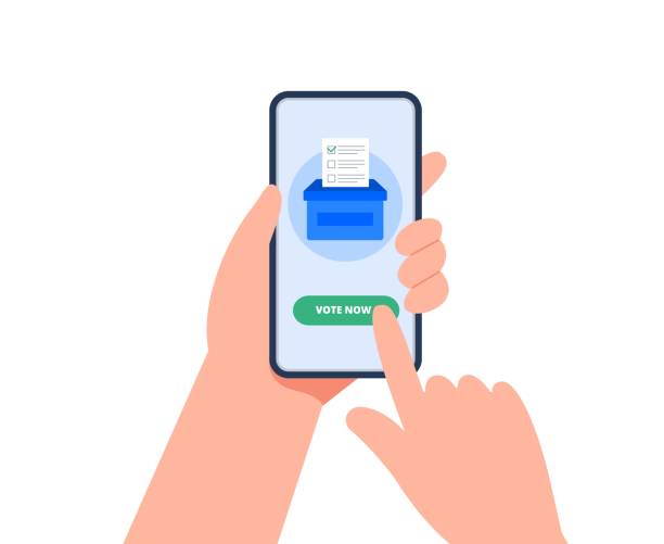 illustrazioni stock, clip art, cartoni animati e icone di tendenza di concetto di voto elettronico con uno smartphone. un uomo tiene il telefono e vota online. concetto di voto online, voto elettronico, sistema internet elettorale. - electoral