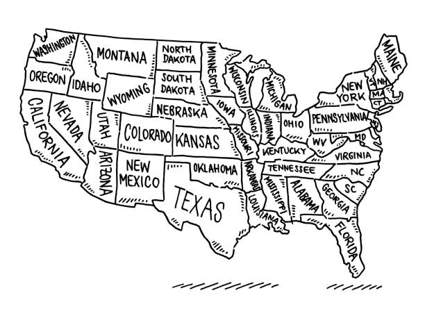 USA States Map Drawing Hand-drawn vector drawing of an USA States Map. Black-and-White sketch on a transparent background (.eps-file). Included files are EPS (v10) and Hi-Res JPG. florida us state stock illustrations