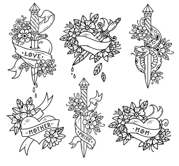 Vector illustration of Collection of Heart Tattoos in Old school style