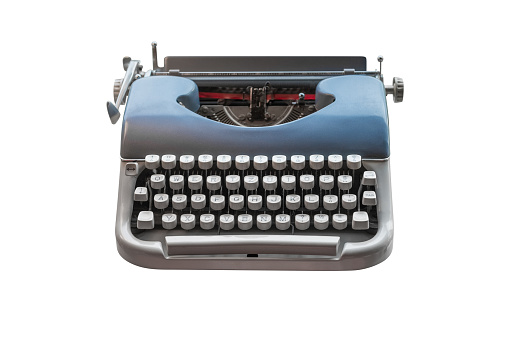 blue vintage typewriter isolated on a white background