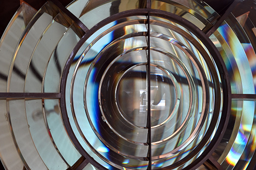 Lighthouse Fresnel lens close up. Abstract background and texture.