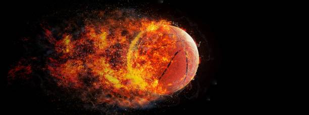 illustration 3d d’une boule de basket-ball enveloppée dans des flammes - fireball orange flame burnt photos et images de collection