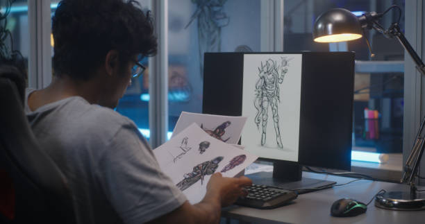 istock Male graphic designer sorting concept art 1257386188