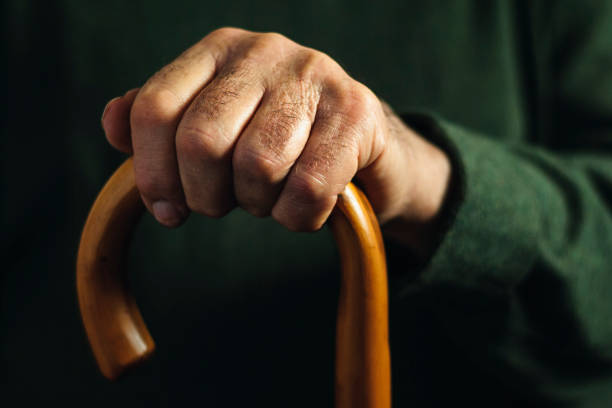 Hand of an old man holding a walking stick or cane used as a support and aid to mobility in a concept of old age and healthcare