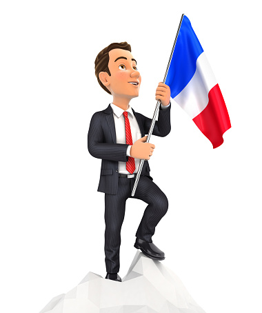 3d businessman holding flag of france on top of mountain, illustration with isolated white background