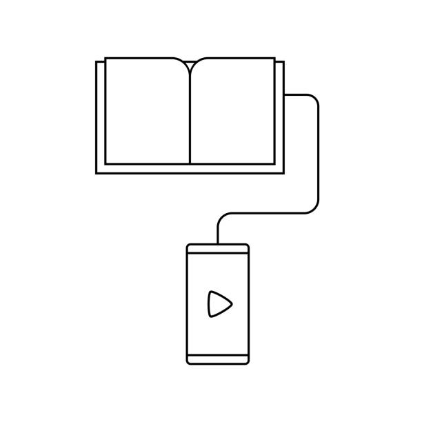 illustrazioni stock, clip art, cartoni animati e icone di tendenza di concetto di audiolibri. telefono collegato a un libro. ascolto di libri elettronici. - home schooling audio