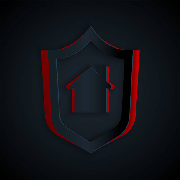 istock Paper cut House with shield icon isolated on black background. Insurance concept. Security, safety, protection, protect concept. Paper art style. Vector 1257389025