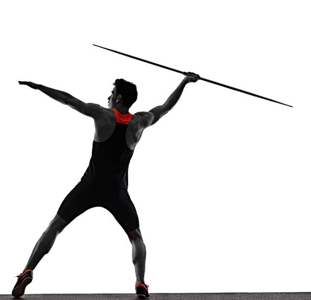 one young caucasian athlete man practicing Javelin  athletics in studio  isolated on white background