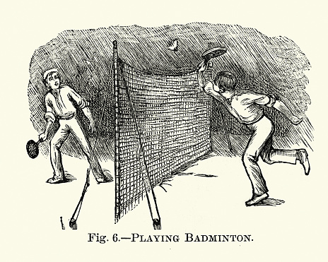 Vintage illustration of Two boys playing badminton, Victorian sports, 19th Century