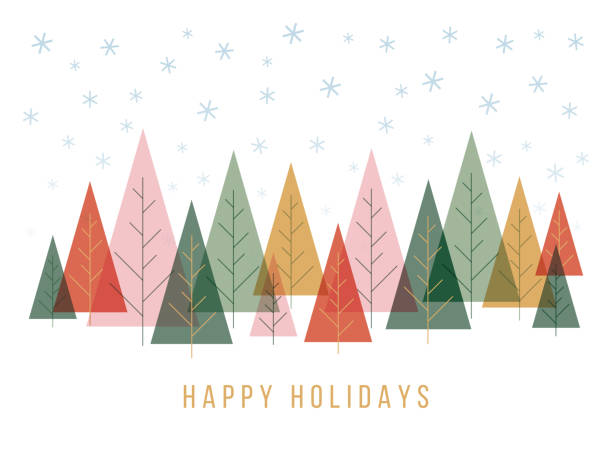 ilustraciones, imágenes clip art, dibujos animados e iconos de stock de fondo navideño con árboles y copos de nieve. - holidays