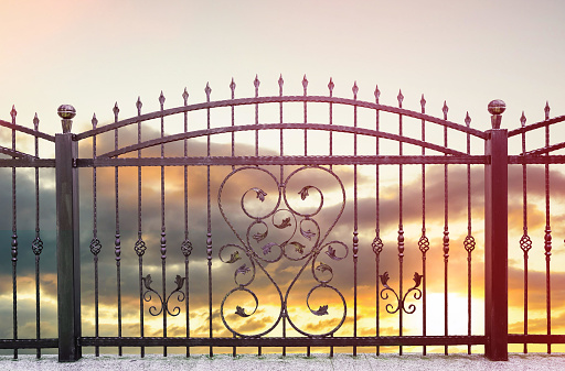 wrought iron fence and sunset sky in background