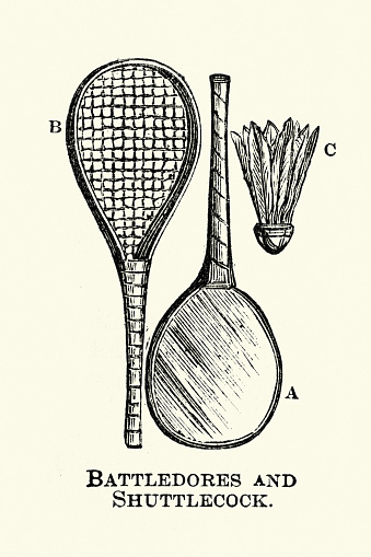 Vintage illustration of Battledore rackets and shuttlecock, Victorian sports eqipment. Battledore and shuttlecock, or jeu de volant, is an early game related to that of modern badminton.