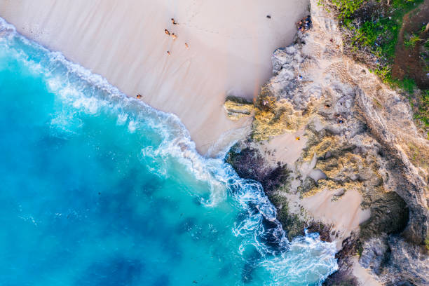 istock Ocean waves hitting a rocky beach. View from above. 1257393867