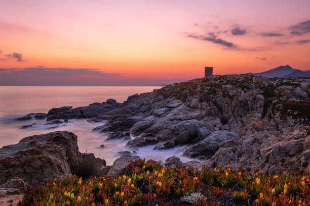 l’aube se brisant derrière la tour génoise en corse - balagne photos et images de collection