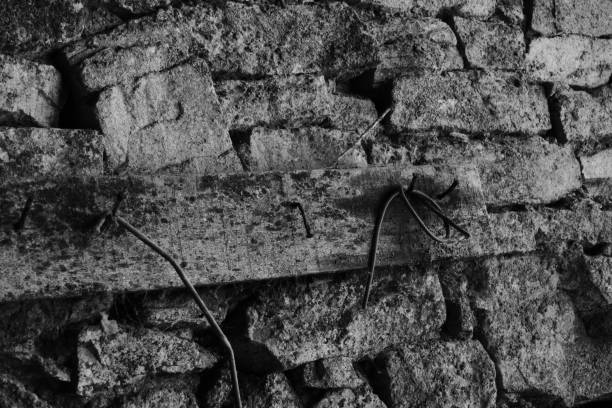 Details, in black and white, of an old stone barn typical in Galicia.