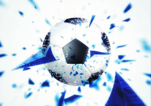 illustrazione 3d di un pallone da calcio che esplode - water fire circle ball foto e immagini stock