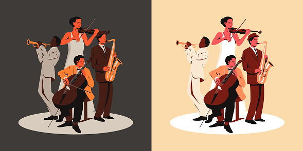 Multiracial music band performing on a stage. Vector colorful illustration of four musicians with trumpet, violin, saxophone and cello musical instruments playing on a stage. Group of women and three men