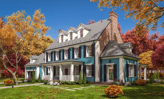 3d rendering of modern cozy classic house in colonial style with garage and pool for sale or rent with beautiful landscaping on background. Clear sunny autumn day with golden leaves anywhere.