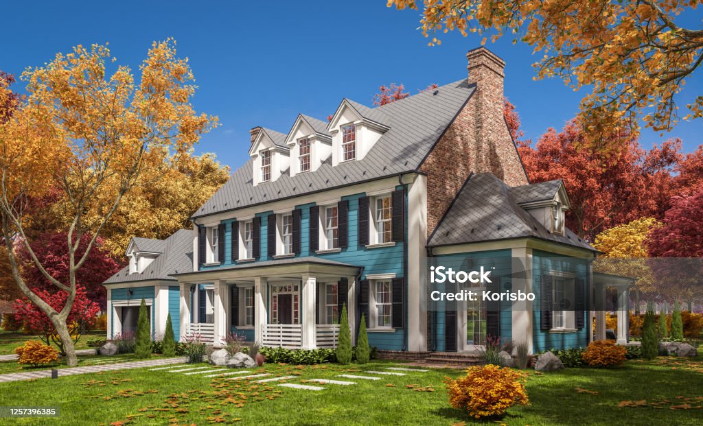 3d rendering of modern classic house in colonial style in autumn day 3d rendering of modern cozy classic house in colonial style with garage and pool for sale or rent with beautiful landscaping on background. Clear sunny autumn day with golden leaves anywhere. House Stock Photo