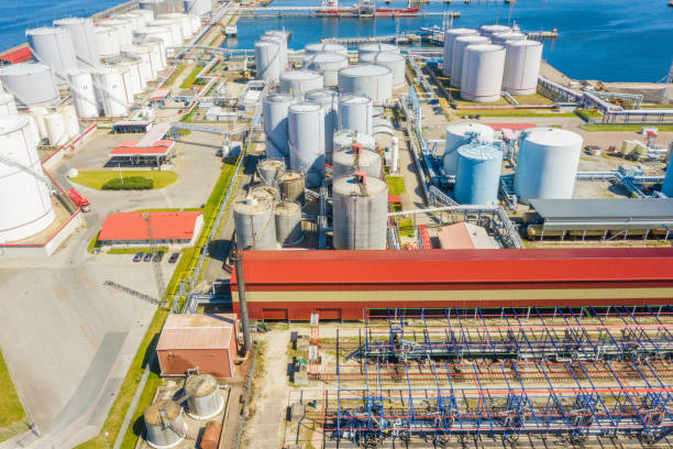 istock Aerial view of Liquid Bulk petroleum and gasoline terminals, pipeline operations, distributes petroleum products. 1257396534
