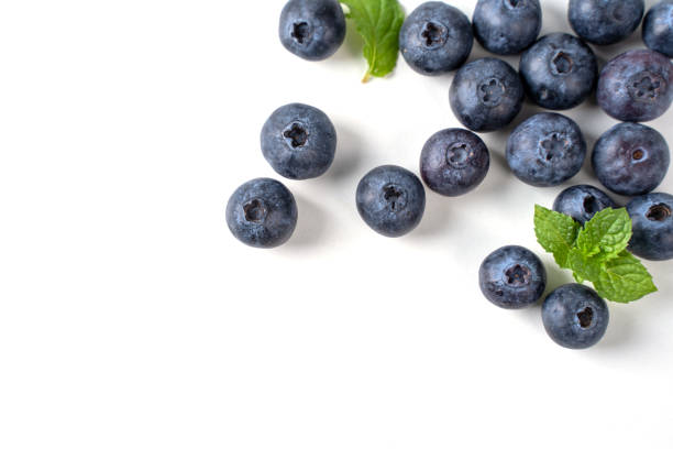 istock Blueberry fruit top view isolated on a white background, flat lay overhead layout with mint leaf. 1257396559