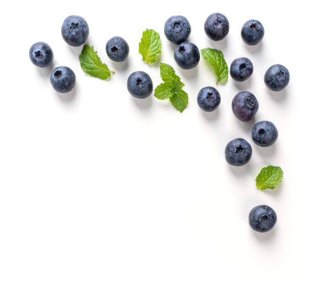 istock Blueberry fruit top view isolated on a white background, flat lay overhead layout with mint leaf. 1257396576