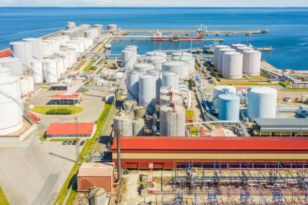 istock Aerial view of Liquid Bulk petroleum and gasoline terminals, pipeline operations, distributes petroleum products. 1257397868