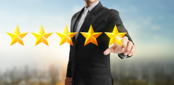istock Hand of touching rise on increasing five stars. Increase rating evaluation 1257398113