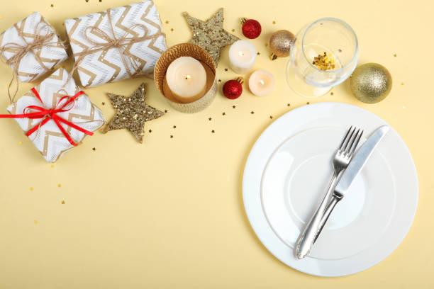 istock table setting for christmas or new year holiday top view. Mirimalism, place for text 1257399692