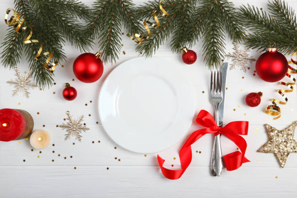 istock table setting for christmas or new year holiday top view. Mirimalism, place for text 1257399696