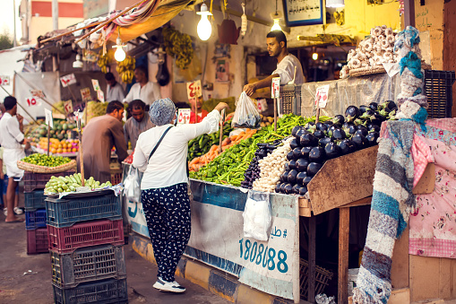 Hurghada, Egypt 20 July 2020,sellers and buyers in the fruit and vegetable market in the Dahar area